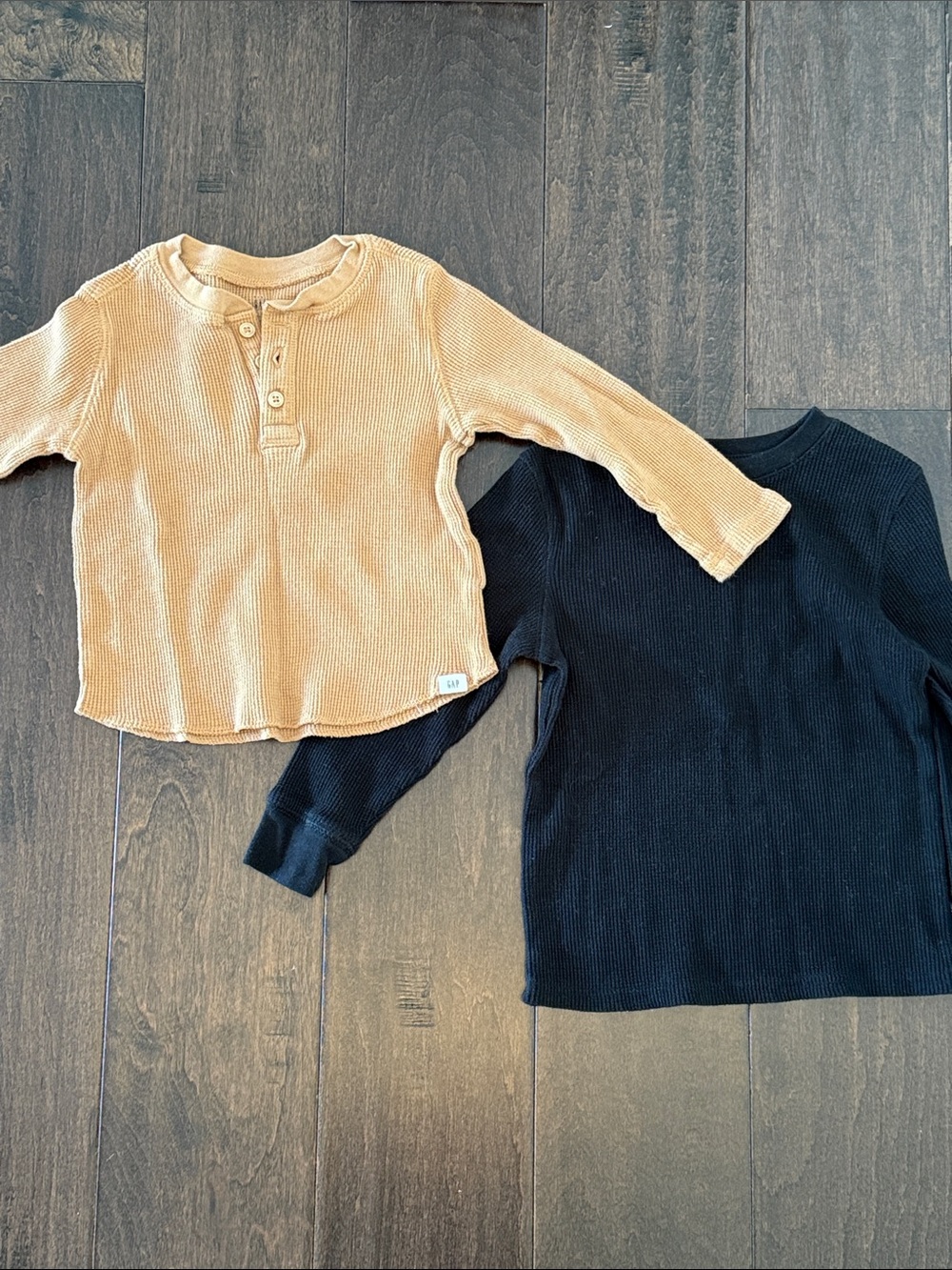 Kids Waffle Knit Bundle!  Long-Sleeve Thermal Henley & Crew Set - Tan and Black
